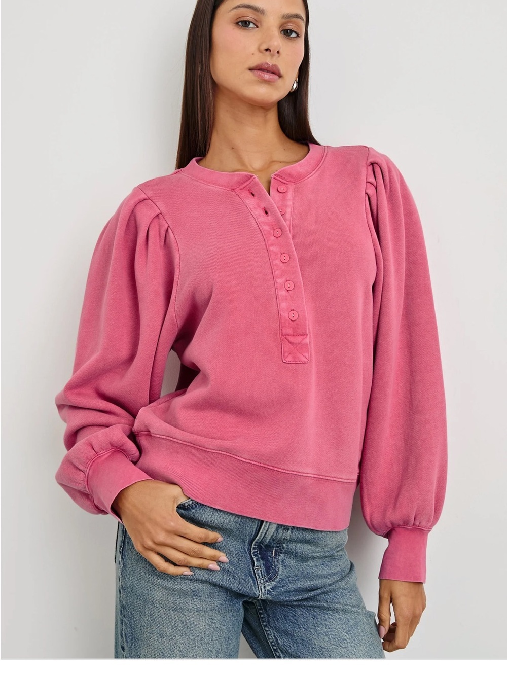 Rails Mariana Sweater Washed Rose Puff-Sleeve Henley Sweatshirt